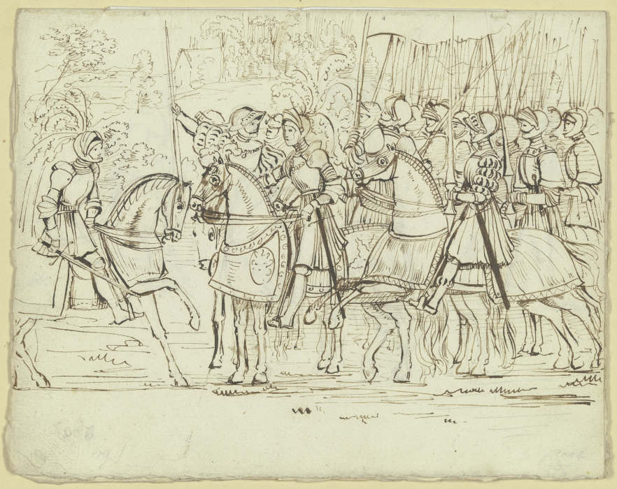 Ein von links kommender Ritter erstattet dem Anführer einer in einer Landschaft stehenden Ritterscha od Carl Philipp Fohr