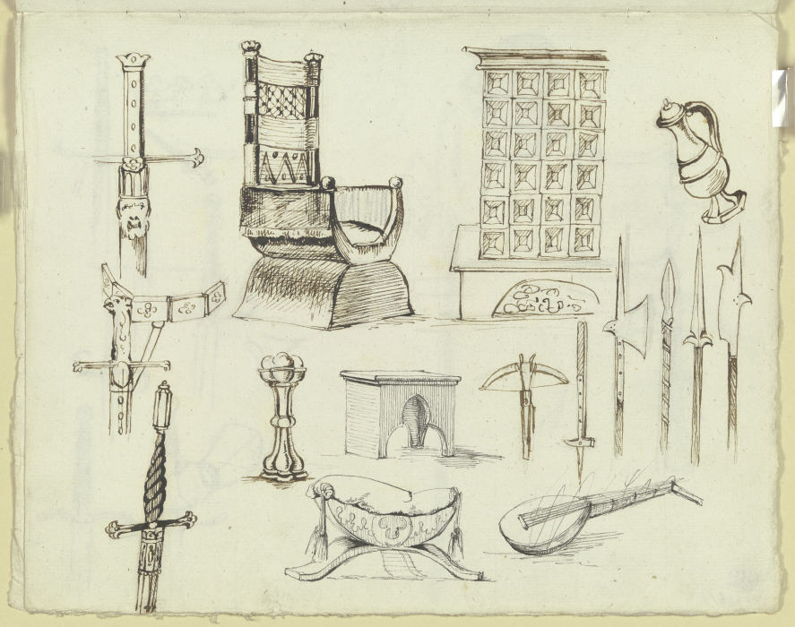 Mittelalterliche Möbelstücke, ein Kachelofen, Waffen und Gerätschaften od Carl Philipp Fohr