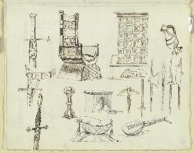 Mittelalterliche Möbelstücke, ein Kachelofen, Waffen und Gerätschaften
