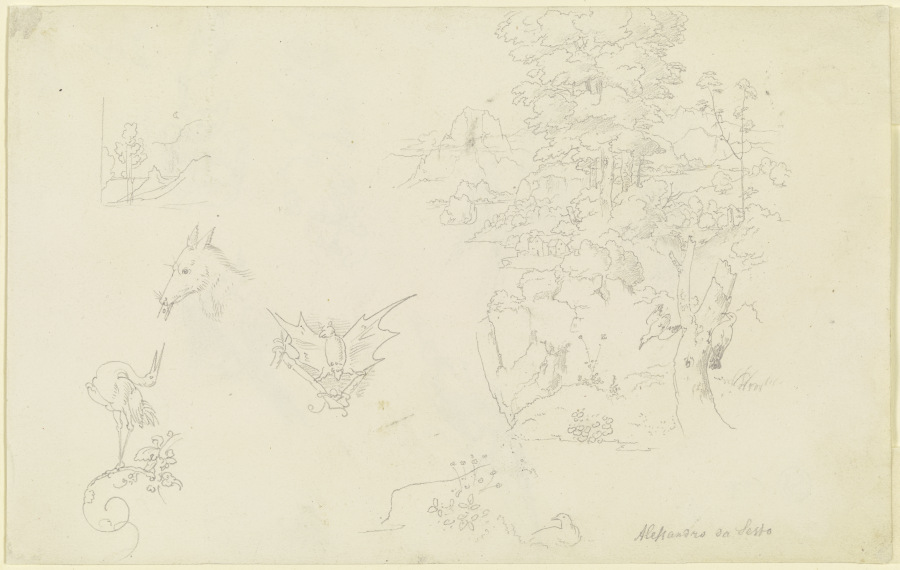 Tiere mit Ranken; eine Fledermaus; ein kleiner und ein größerer Landschaftsausschnitt mit zwei Vögel od Carl Philipp Fohr