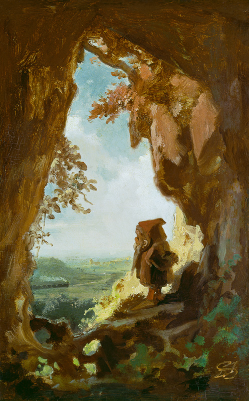 Gnom, von einer Höhle die erste Eisenbahn betrachtend od Carl Spitzweg