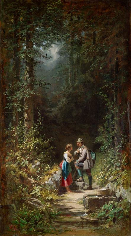 Jäger und Sennerin am Waldbrunnen od Carl Spitzweg