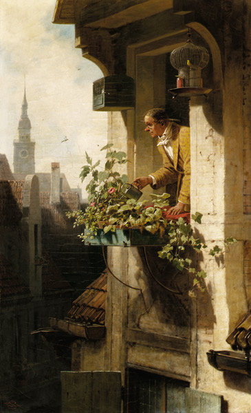 Mann beim Gießen des Blumenkastens. od Carl Spitzweg