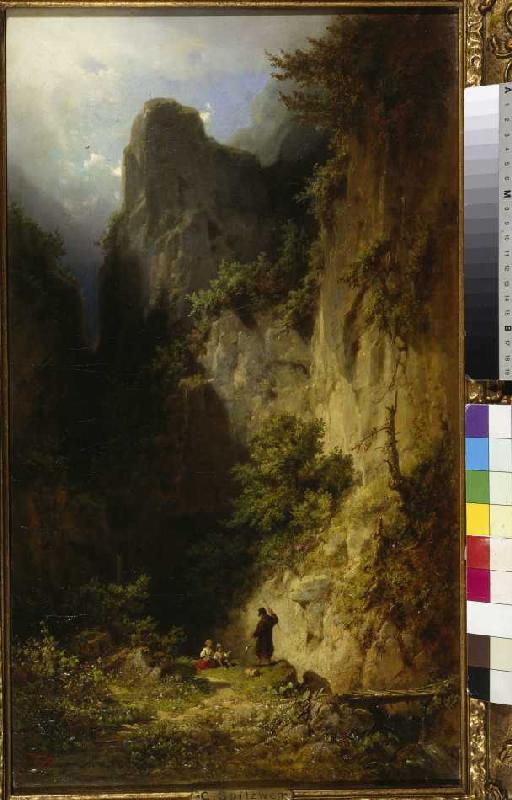 Fishing monk with children in a rock ravine. od Carl Spitzweg