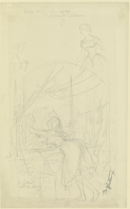 Mädchen am Fenster, einen Blumenstock umarmend, darüber Skizzen zweier Mädchen od Carl Spitzweg