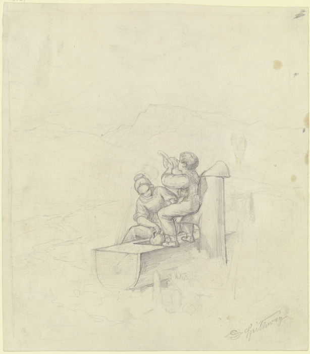 Mädchen und Junge am Brunnen od Carl Spitzweg