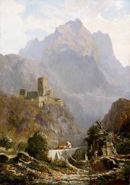 Romantische Abendlandschaft in Südtirol (Post im Gebirge). od Carl Spitzweg