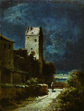 Nightly landscape with night watchman