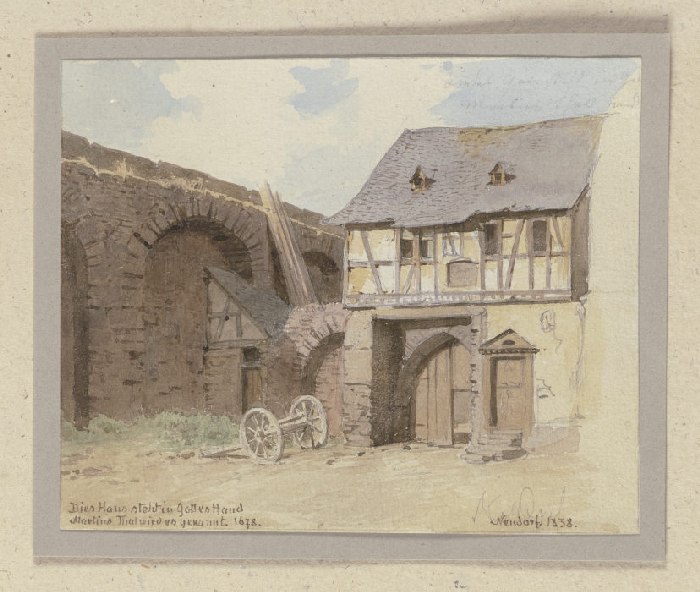 An eine Mauer gelehntes Fachwerkhaus in Neudorf bei Eltville od Carl Theodor Reiffenstein