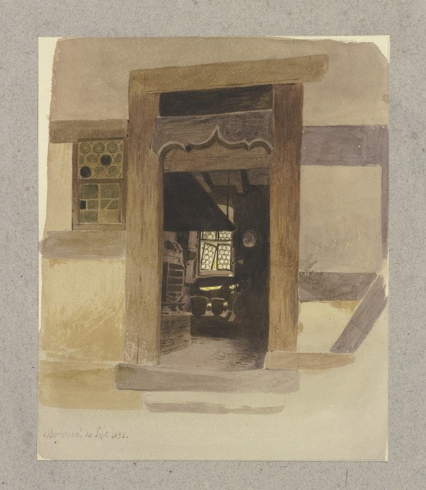 Blick durch einen geschnitzten Türrahmen in einen Innenraum in Oberwesel od Carl Theodor Reiffenstein