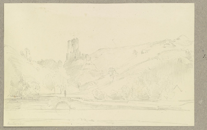 Burgruine Frauenburg, irrig mit einem runden und einem viereckigen statt mit zwei runden Türmen geze od Carl Theodor Reiffenstein