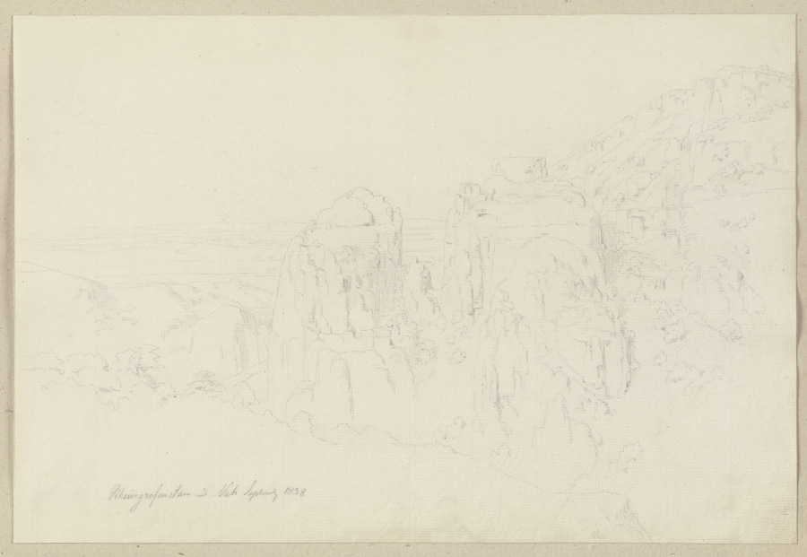 Der Rheingrafenstein an der Nahe, auf der Spitze die Burgruine Rheingrafenstein od Carl Theodor Reiffenstein