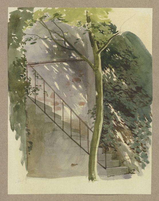 Ein von Bäumen verschatteter Treppenaufgang od Carl Theodor Reiffenstein
