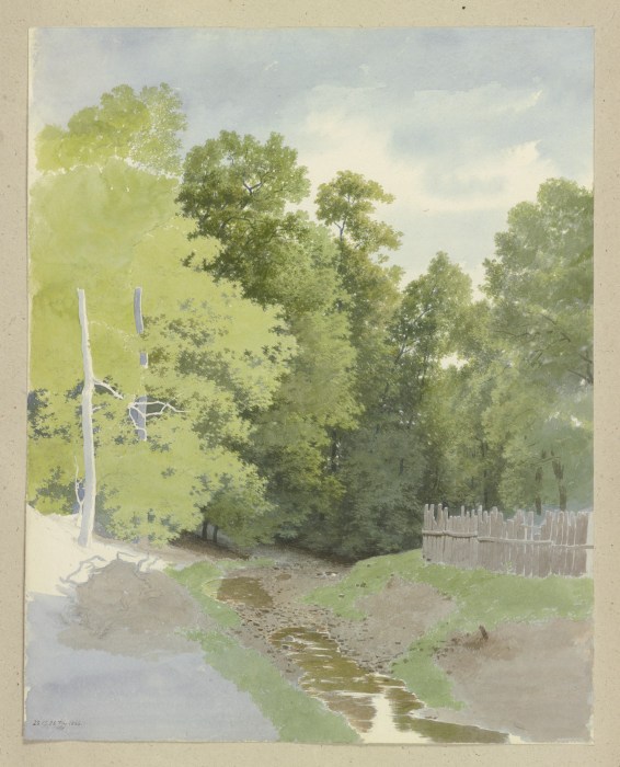 Ein Zaun entlang eines trockengefallenen Bachlaufes am Waldrand od Carl Theodor Reiffenstein