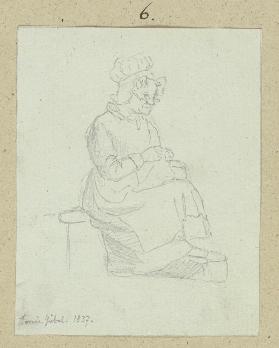 Frau Gübel bei der Handarbeit, sitzend nach rechts