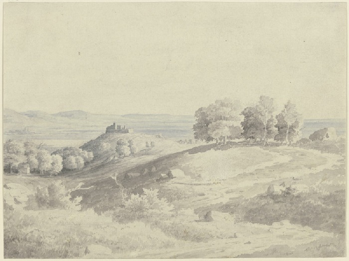 Gebirgslandschaft, im Mittelgrund eine Anhöhe mit einer Burg, rechts Baumgruppen od Carl Theodor Reiffenstein