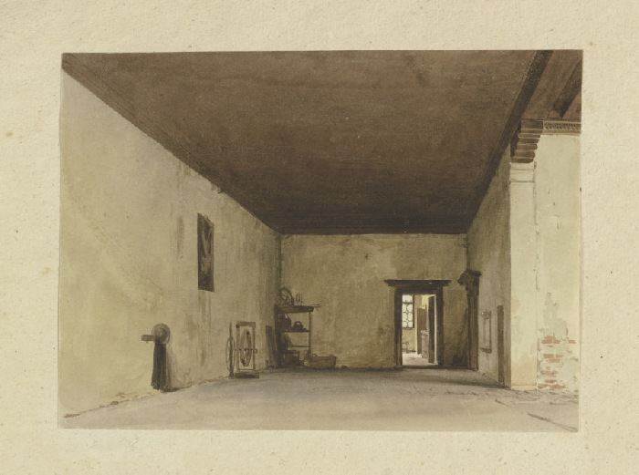 Spärlich möblierter Innenraum mit Spinnrad, von dem weitere Räume abgehen od Carl Theodor Reiffenstein
