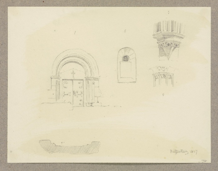 Studienblatt: Portal zum Laienrefektorium des Klosters Eberbach sowie weitere romanische und gotisch od Carl Theodor Reiffenstein