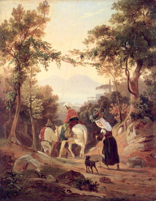 Italian Landscape with Peasants, c.1845 (oil on wood) od Carl Wilhelm Götzloff