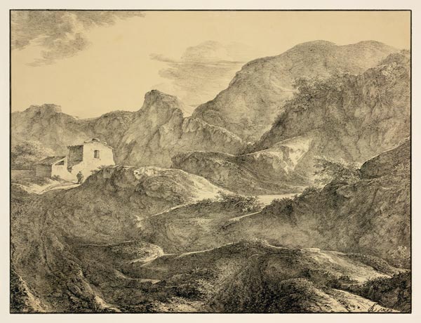 Gebirgslandschaft, links ein Haus mit einem Wanderer davor od Carl Friedrich von Rumohr