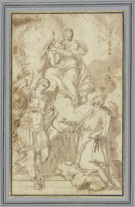 Madonna in Wolken, verehrt vom Erzengel Michael und dem Heiligen Petrus od Carlo Caliari