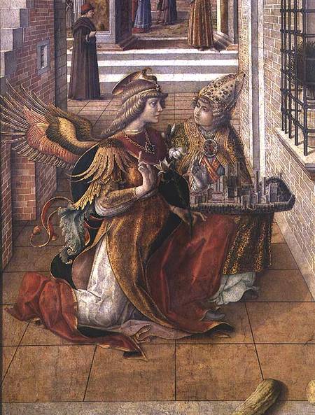 The Annunciation with St. Emidius, detail of the archangel Gabriel with the saint od Carlo Crivelli
