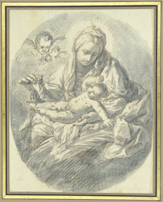 Maria hebt den Schleier vom Kind, links zwei zusehende Engelsköpchen od Carlo Maratti