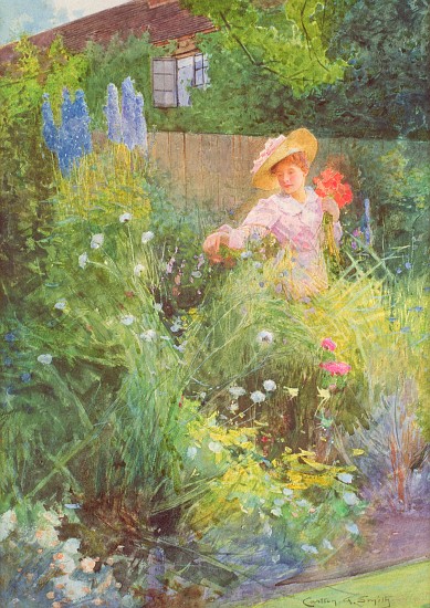 Lady picking flowers in a country garden od Carlton Alfred Smith