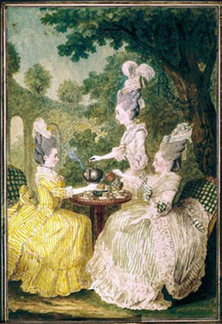 La Marquise de Montesson, La Marquise de Crest and la Comtesse de Damas drinking tea od Carmontelle