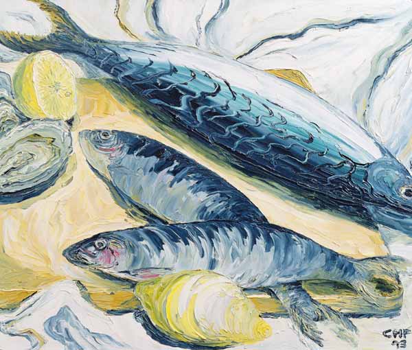 Mackerel with Oysters and Lemons, 1993 (oil on paper)  od Carolyn  Hubbard-Ford