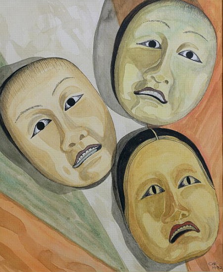 Oriental Masks (pen & ink and w/c on paper)  od Carolyn  Hubbard-Ford