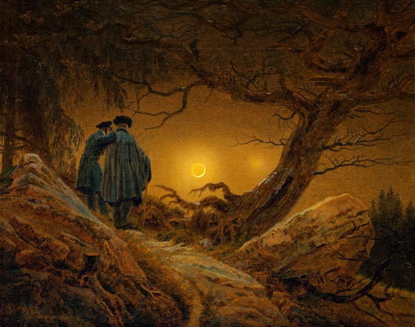 Two men in analysis of the moon od Caspar David Friedrich