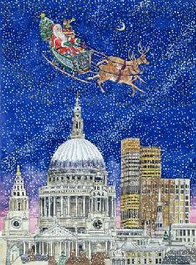 Father Christmas Flying over London (w/c on paper) 