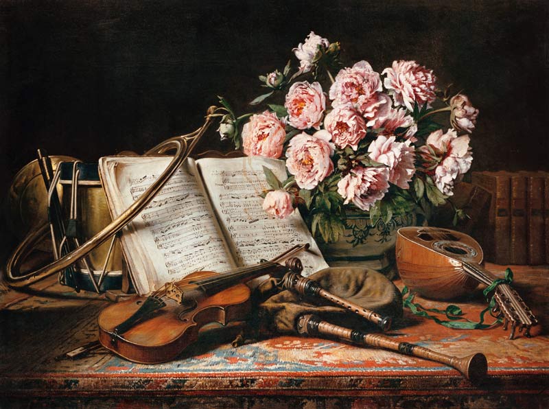 Music still life with peonies od Charles Antoine J. Loyeux