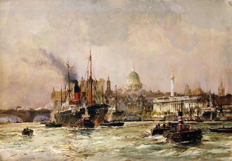 Schiffverkehr auf der Themse, im Hintergrund St od Charles Edward Dixon