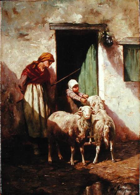Shepherdess with a Child and Two Sheep od Charles Emile Jacques