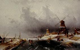 Wintry riverside with ice-skaters and windmills