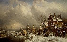 Wintry riverside with ice-skaters with pub and mill od Charles Henri Joseph Leickert