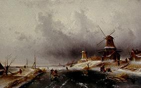 Wintry riverside with ice-skaters and windmills od Charles Henri Joseph Leickert