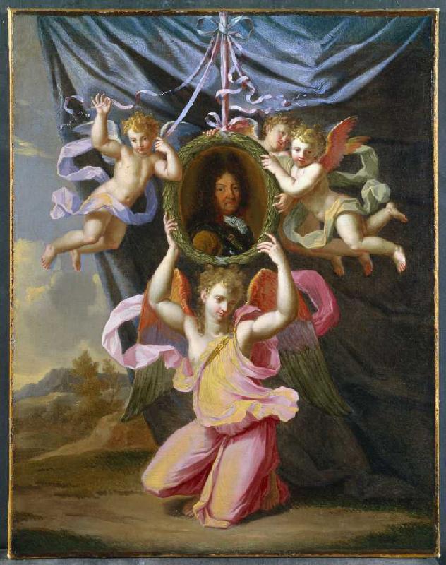 Bildnis Ludwig XIV., von Engeln vor einem Vorhang gehalten. od Charles Le Brun (Nachfolger)