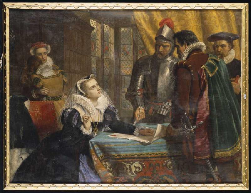 The forced abdication of the queen Maria of Scotland in the castle Lochleven on July 25th, 1567 od Charles Lucy