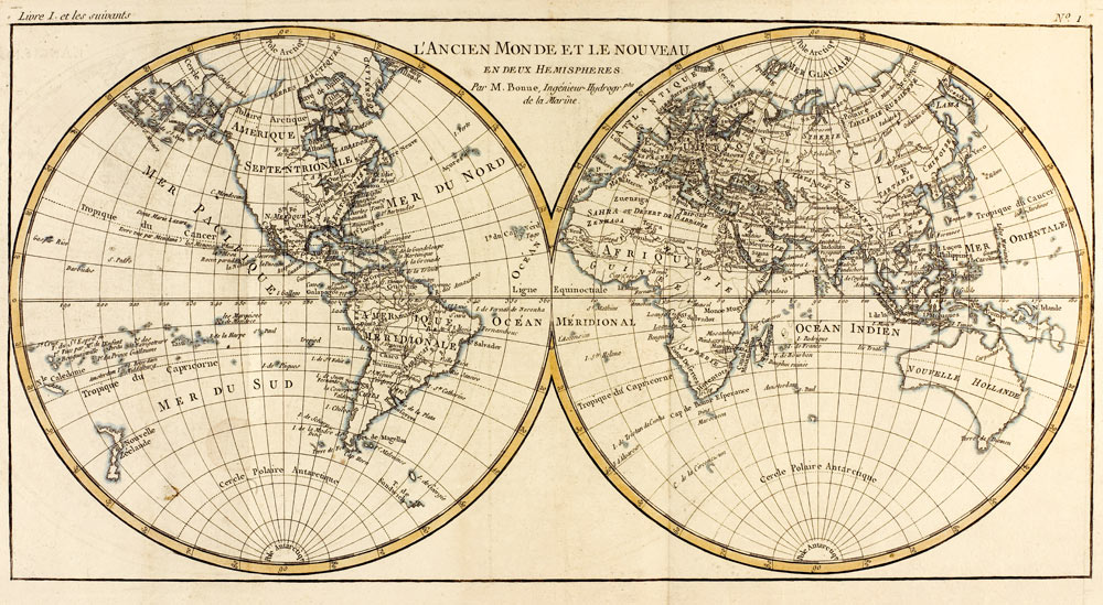 Map of the World in two Hemispheres, from 'Atlas de Toutes les Parties Connues du Globe Terrestre' b od Charles Marie Rigobert Bonne