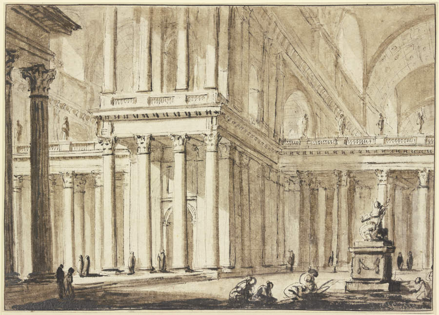 Grandiose Säulenhalle, rechts eine Statue vor welcher mehrere Menschen knien od Charles-Michel-Ange Challe