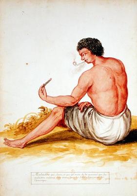 Mulatto sitting and smoking, from a manuscript on plants and civilization in the Antilles, c.1686 (w od Charles Plumier