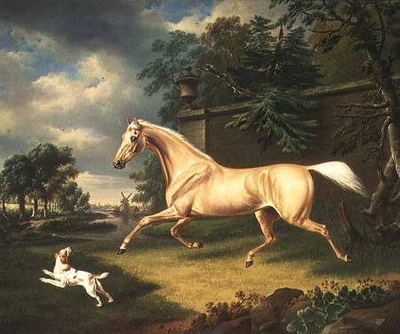 A Palomino frightened by an oncoming storm with a Spaniel od Charles Towne