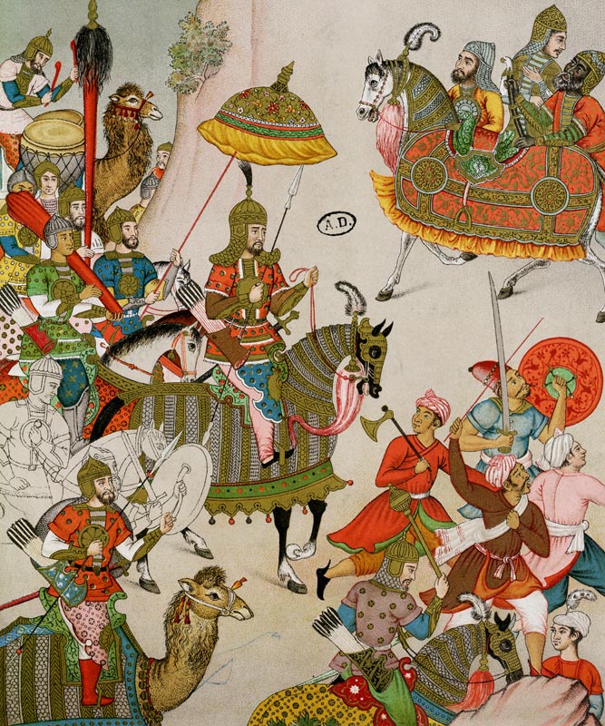 Emperor Babur (r.1526-30) at the head of his army, after a sixteenth century Mughal miniature (colou od Charpentier