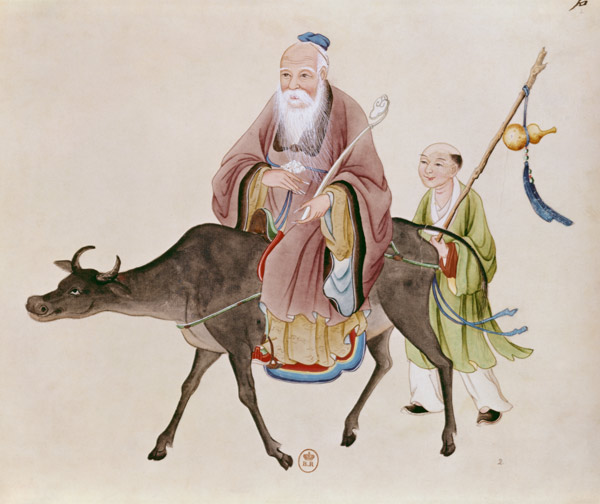 Lao-Tzu (c.604-531) on his buffalo, followed by a disciple  on od Chinese School