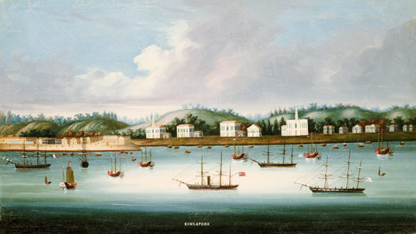 A view of Singapore from the roads with American, French and British shipping, c.1850 od Chinese School