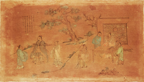 Scene from the life of Confucius (c.551-479 BC) and his disciples, Qing Dynasty (1644-1912) od Chinese School
