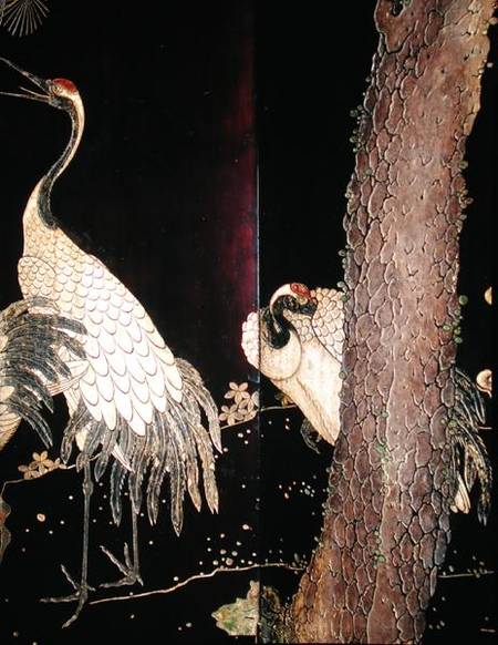 Detail of two cranes from a Coromandel screen od Chinese School